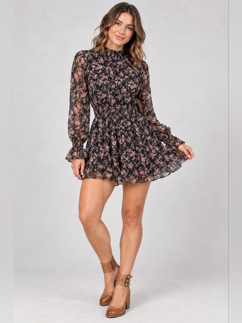 Missguided Black Floral Sheer Sleeve Ruffle Mini Dress Size 4